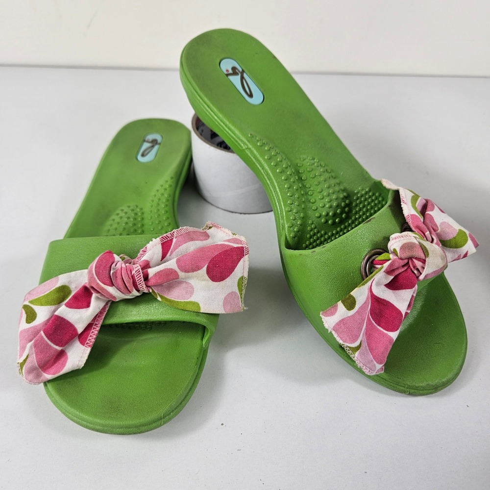 Oka-B Madison Slide Sandals Women 8.5 Green Fabric Bow Pink Floral USA Made